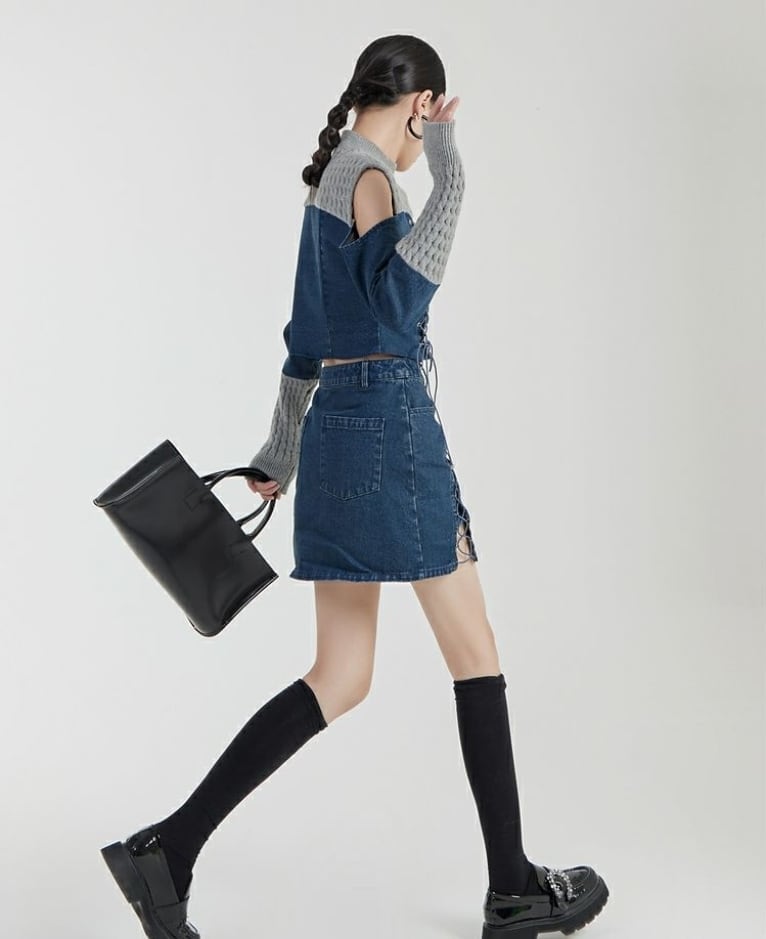 スタイルアップ効果抜群 デニム 高見えデザイン トップスⅹミニスカートセットアップE-9160