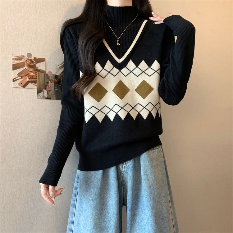 人気上昇中 レイヤード風 おしゃれ度高め 全2色 ニットトップスE-9583