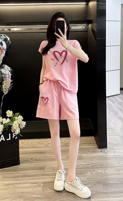 超人気 ホットダイヤモンド カジュアル プリント 半袖Tシャツ ショートパンツ セットアップ E-9215
