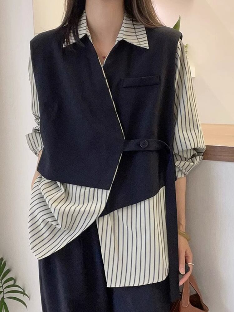 存在感抜群 レイヤード風 トレンドアイテム ストライプ柄 切り替え シャツ E-9555