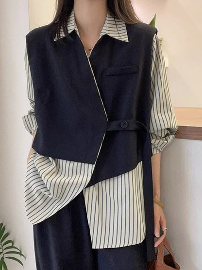 存在感抜群 レイヤード風 トレンドアイテム ストライプ柄 切り替え シャツ E-9555