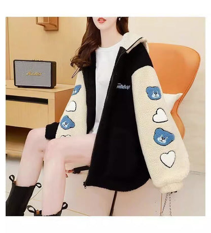 売り切れ必至 カジュアル 快適トップス 刺繍 切り替え 2色選択 ラムフリース コート ボアジャケットE-9766