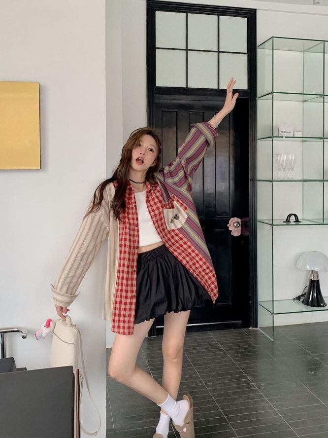 新商品 切り替え 個性的なデザイン チェック柄 ストライプ柄 シャツ E-9155