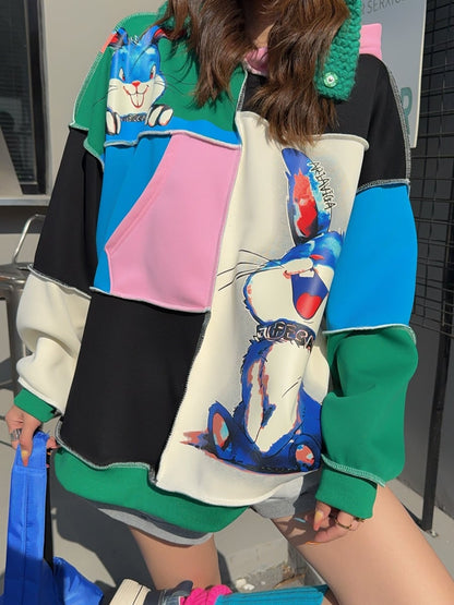 話題沸騰中 トレンドアイテム 存在感抜群 カラーマッチング 切り替え プリント2色選択 パーカー E-9906