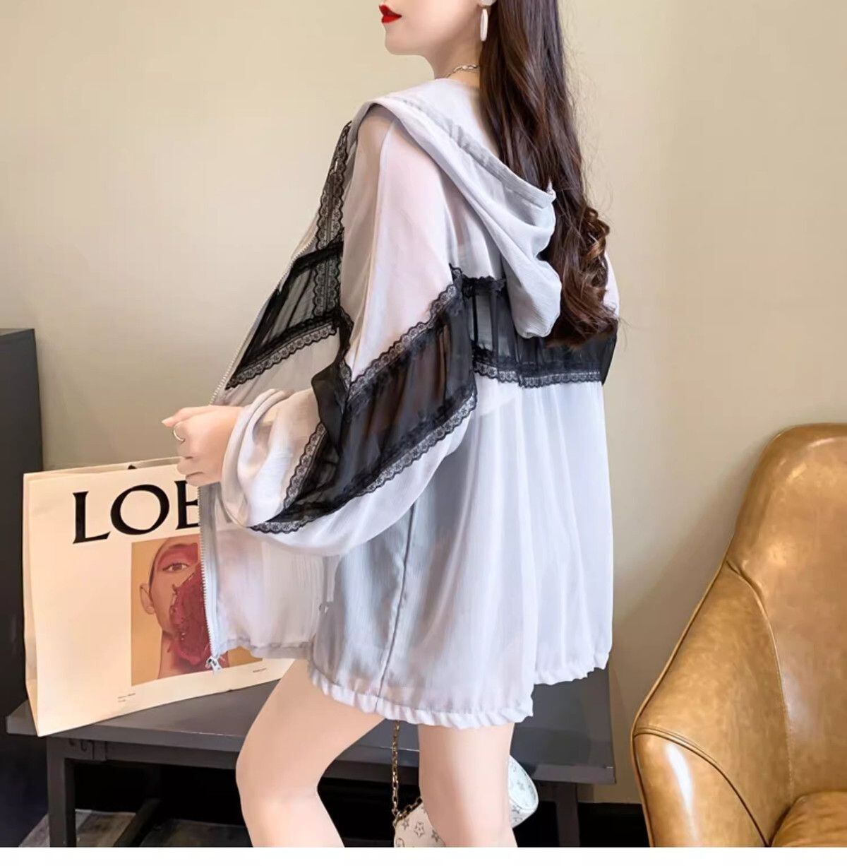 超人気 レース おしゃれ度高め 切り替え 日焼け対策 全2色 パーカー コートE-9143