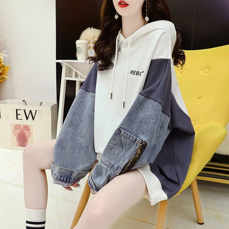 【人気急上昇中】売れ筋 切り替え デニム ゆったり フード付き パーカー E-2101