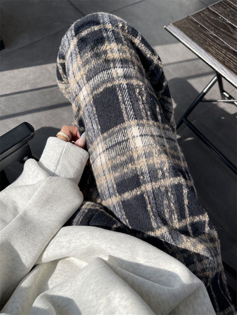 着回し力抜群 チェック柄 おしゃれ度高め 3色選択 ウールワイドレッグパンツ E-9757