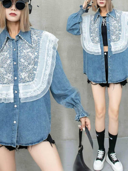 大好評 上質 話題沸騰中 おしゃれ度高め レース 切り替え デニム シャツ E-9409