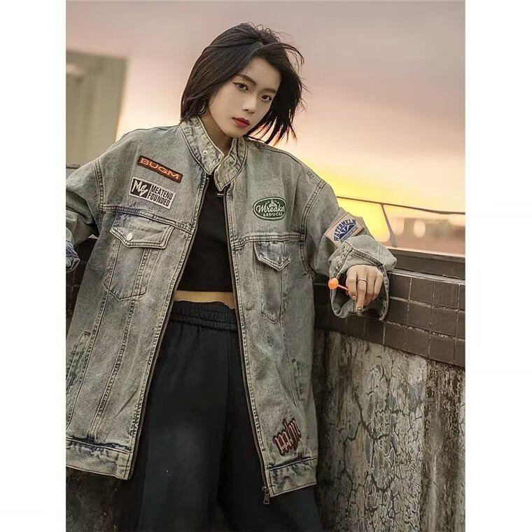 絶対流行 スタンドネック 高見えデザイン 男女兼用 デニム ジャケット ゆったり コートE-9312