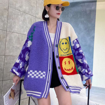 早い者勝ちスマイルマーク   ニットカーディガン五色ありE-4059