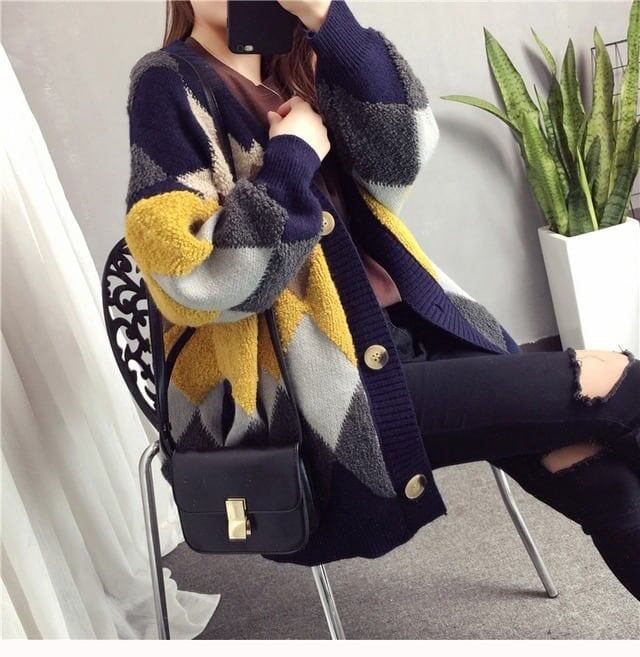 アーガイル オーバーサイズ ボア ニットカーディガン iEf-3833