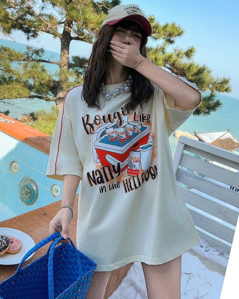 着せ ビッグロゴ ゆったり ロングTシャツ 半袖 ワンピース<ins-4859>