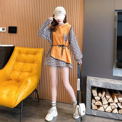 レイヤード風  チェック柄 ロングパーカ全3色トップスE-4803