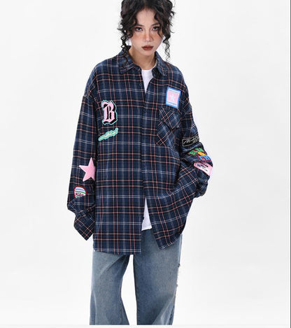 新商品 アバンギャルド 大活躍 カジュアル 刺繍 チェック柄 全2色 男女兼用 シャツ E-9167