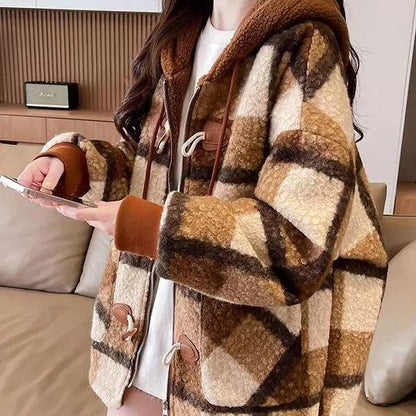 絶対流行 カジュアル 柔らかくて優しい印象 チェック柄 2色選択 ラムフリース コート ボアジャケットE-9854