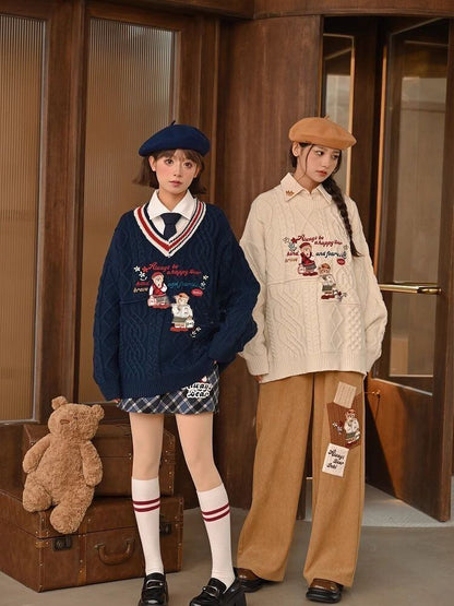 超人気 気質アップ 絶対欲しい Vネック 刺繍 切り替え2色選択 ニットトップスE-9577