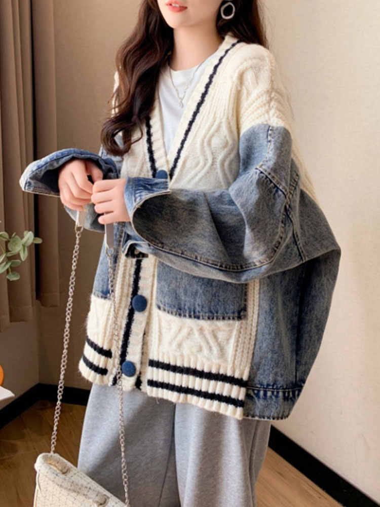 存在感抜群 おしゃれ度高め トレンドアイテム デニム 切り替え 2色選択 ニットトップスE-9724