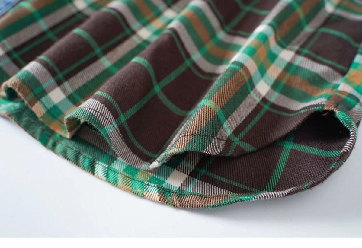 今季マストバイ 着心地良い 絶対欲しい チェック柄 切り替え デニム シャツ E-9266