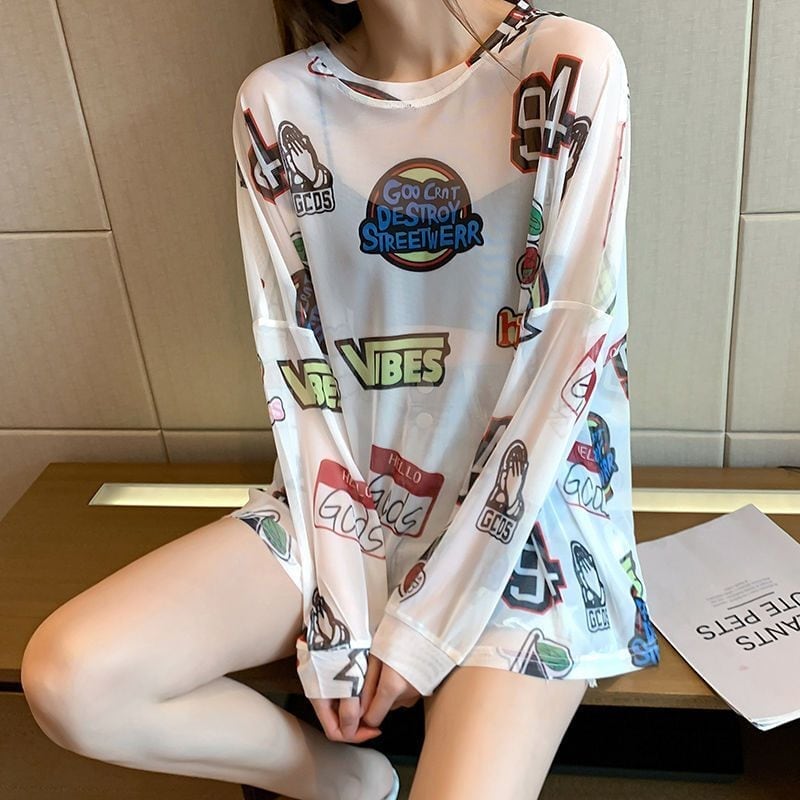 超人気 個性派 ルーズ 日焼け防止に透け感  Tシャツ＜ins-8052＞