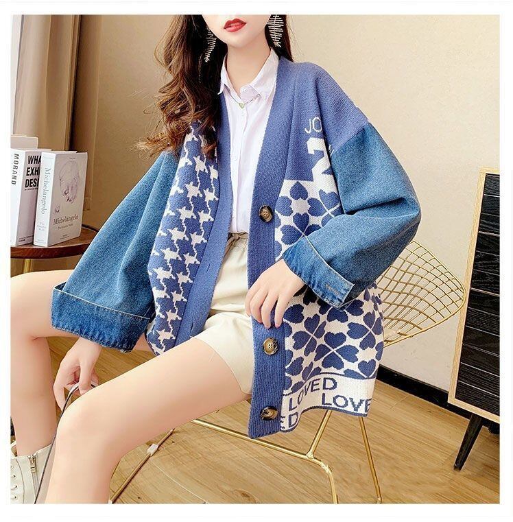 都市ファッショ デザイン オシャレ デニム切り替え 全2色 ニットカーディガンE-9377