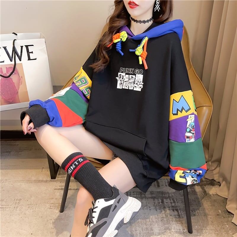 【半額！期間限定！！】(裏起毛あり)ファッション キュート 個性派 長袖 スウェット パーカー トップスE-2160