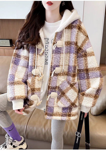 絶対流行 カジュアル 柔らかくて優しい印象 チェック柄 2色選択 ラムフリース コート ボアジャケットE-9854