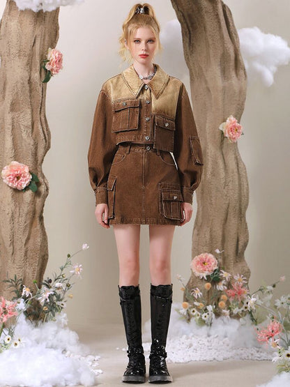 絶対欲しい グラデーション デザイン性抜群 デニム トップスⅹミニスカートセットアップE-9159