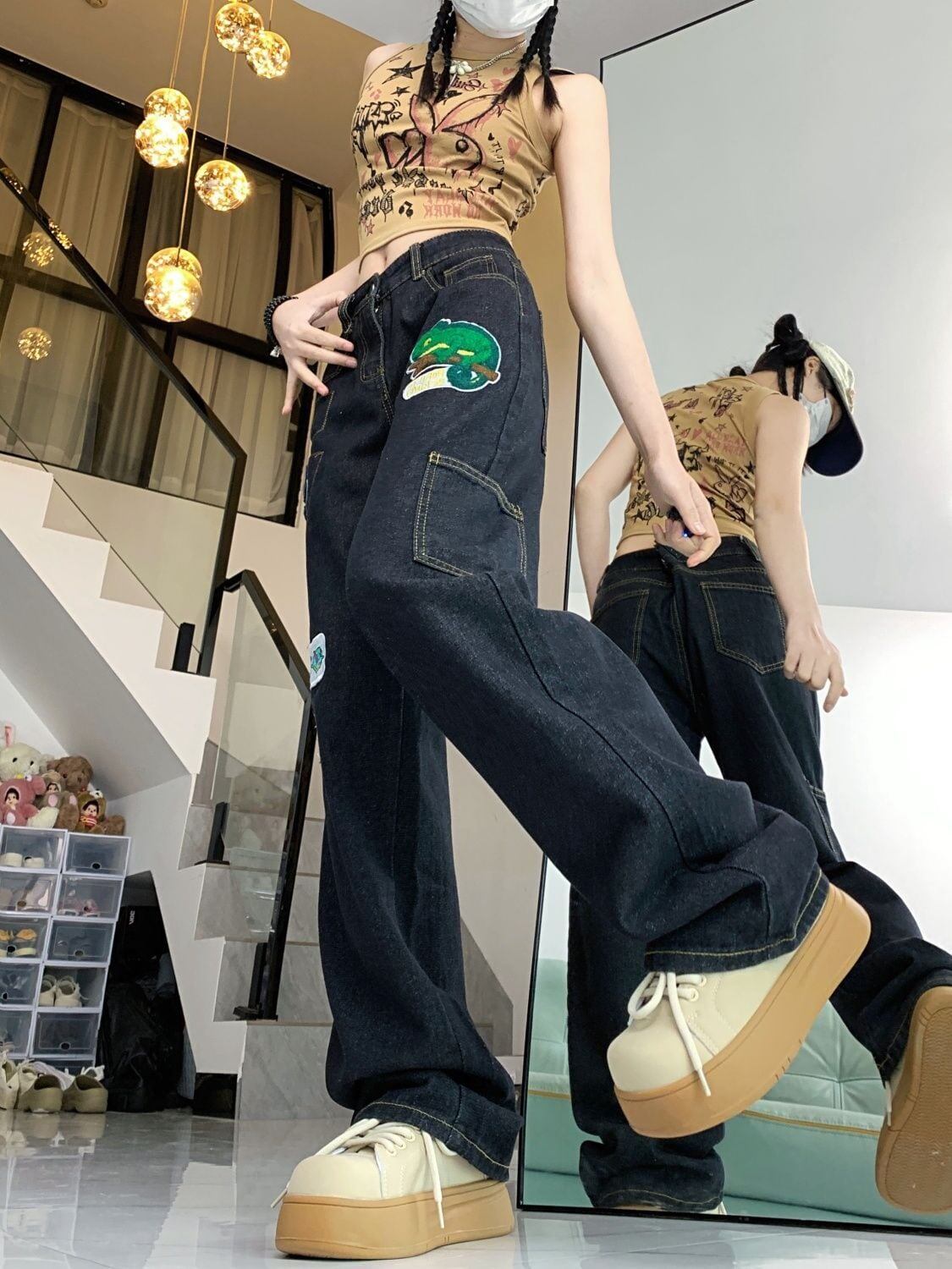 ファッション感満々 着回し力抜群 個性的なデザイン デニム ワイドパンツE-9769