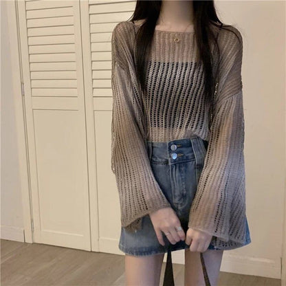 韓国風ファッション 透かし彫り 柔らかくて優しい印象 ニットトップスE-9153