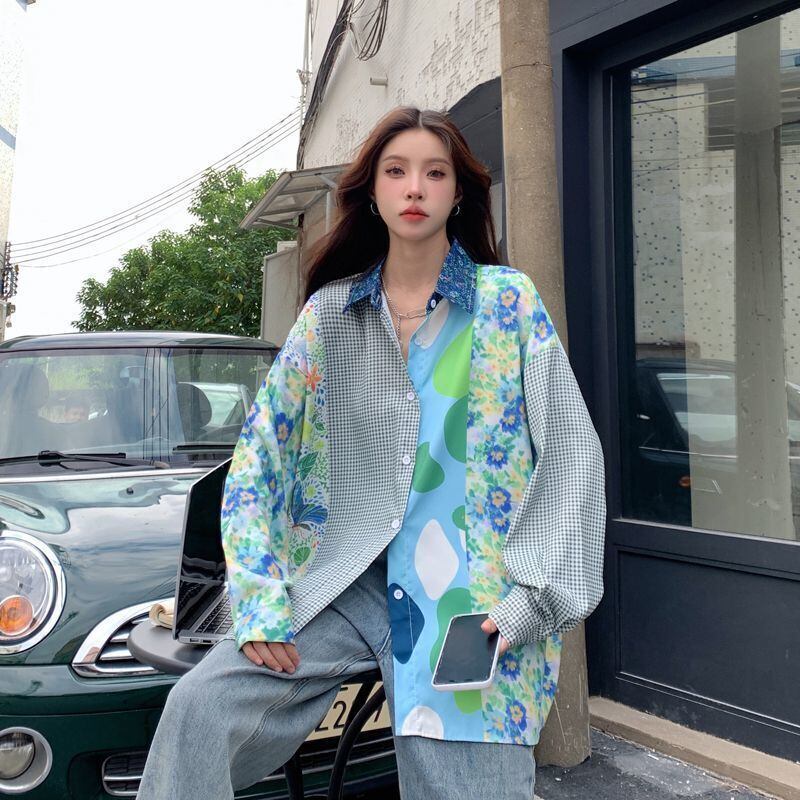 スタイルアップ効果抜群 切り替え カジュアル チェック柄 全2色 シャツ E-9177