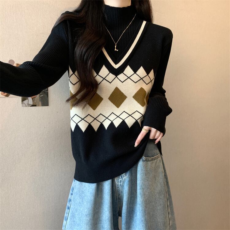 人気上昇中 レイヤード風 おしゃれ度高め 全2色 ニットトップスE-9583