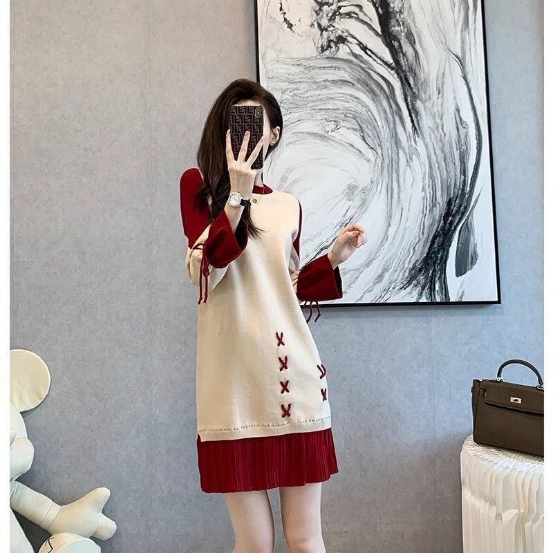 話題沸騰中 オシャレ 都市ファッショ デザイン 切り替え 2色選択可 ニットワンピース E-9722