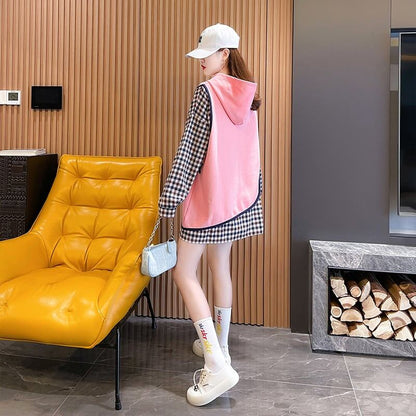 レイヤード風  チェック柄 ロングパーカ全3色トップスE-4803