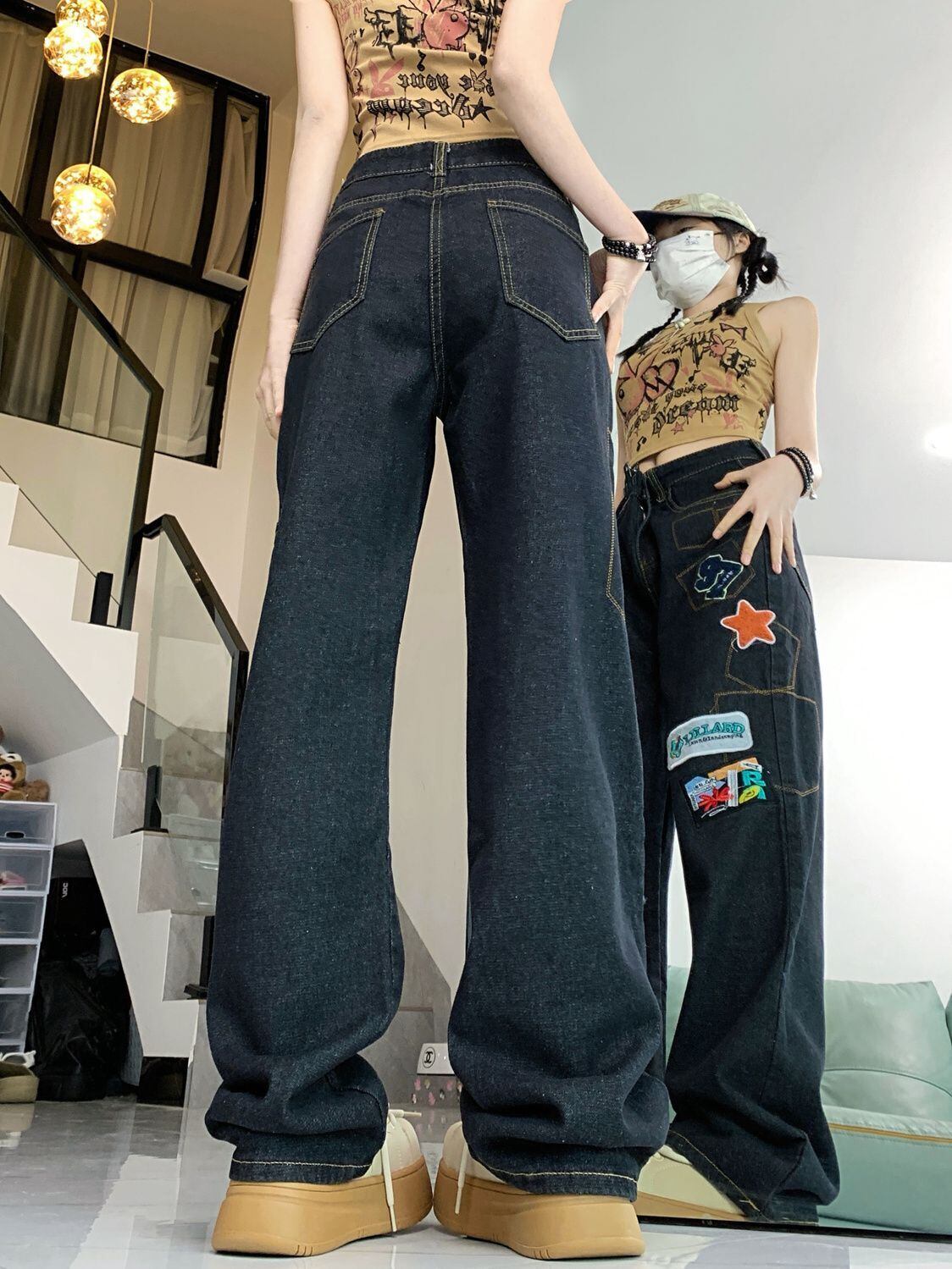 ファッション感満々 着回し力抜群 個性的なデザイン デニム ワイドパンツE-9769