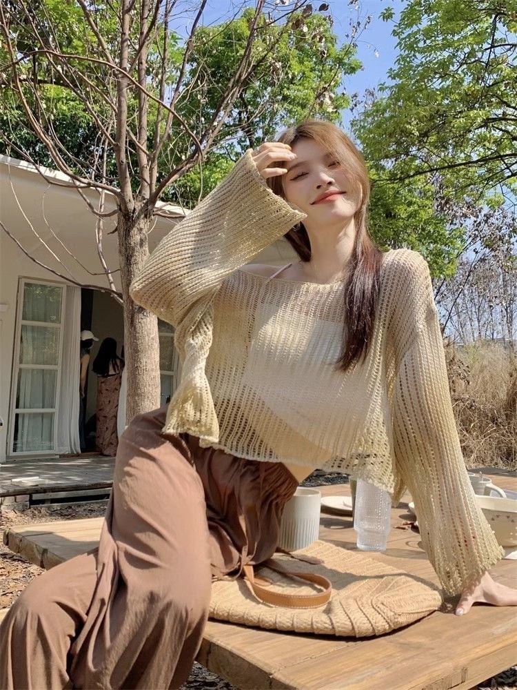 韓国風ファッション 透かし彫り 柔らかくて優しい印象 ニットトップスE-9153