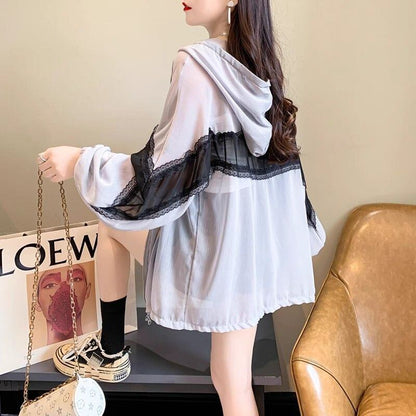 超人気 レース おしゃれ度高め 切り替え 日焼け対策 全2色 パーカー コートE-9143