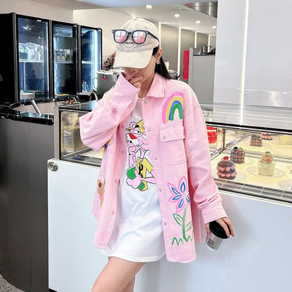 売り切れ必至 韓国風ファッション 上質 アバンギャルド プリント デニム Tシャツ E-9479