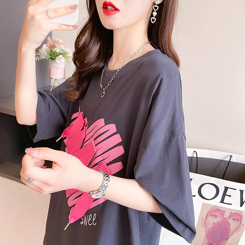 柔らかくて優しい印象 ゆったり ファッション感満々 ロング丈 3色半袖TシャツE-9206