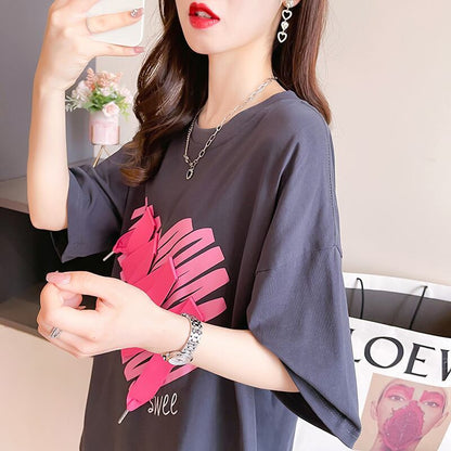 柔らかくて優しい印象 ゆったり ファッション感満々 ロング丈 3色半袖TシャツE-9206