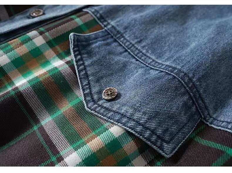 今季マストバイ 着心地良い 絶対欲しい チェック柄 切り替え デニム シャツ E-9266