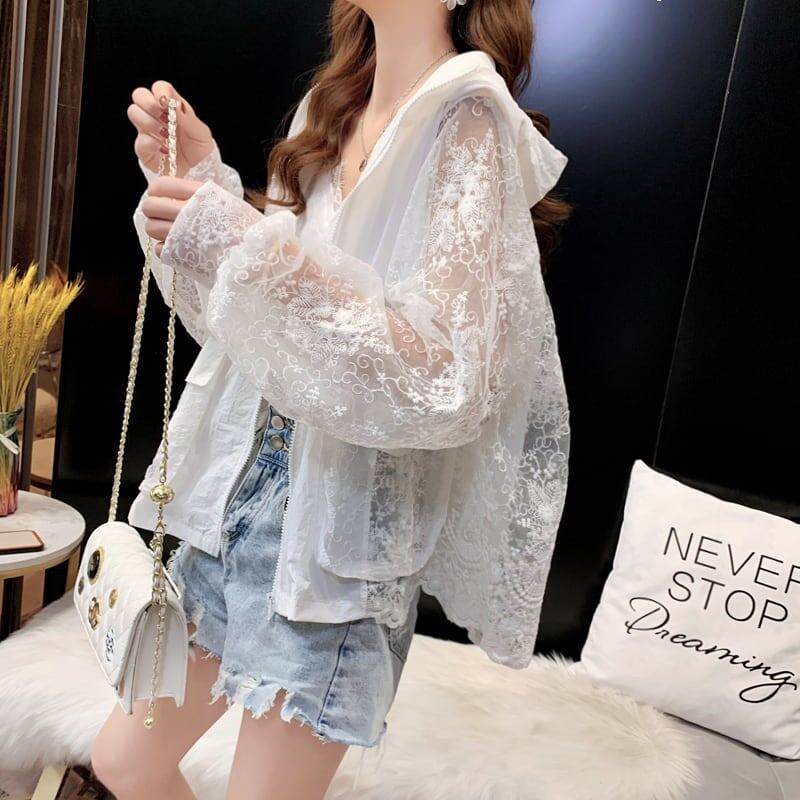 透け感 UVカット  UV対策 長袖レース刺繍シャツ　iEf-1716