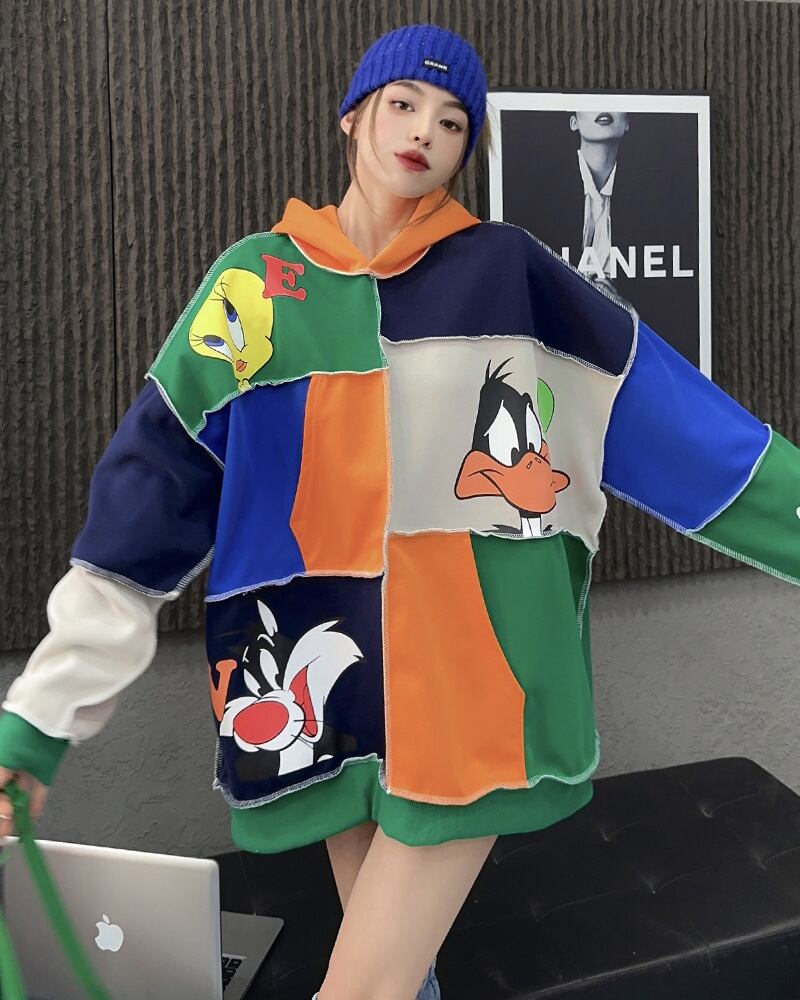 快適トップス カラーマッチング おしゃれ度高め 切り替え 2色選択 パーカーE-9361