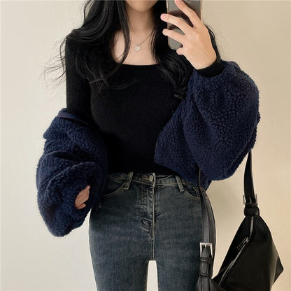 都市ファッショ デザイン オシャレ ファッション感満々 3色選択 ラムフリース コート ボアジャケット E-9859