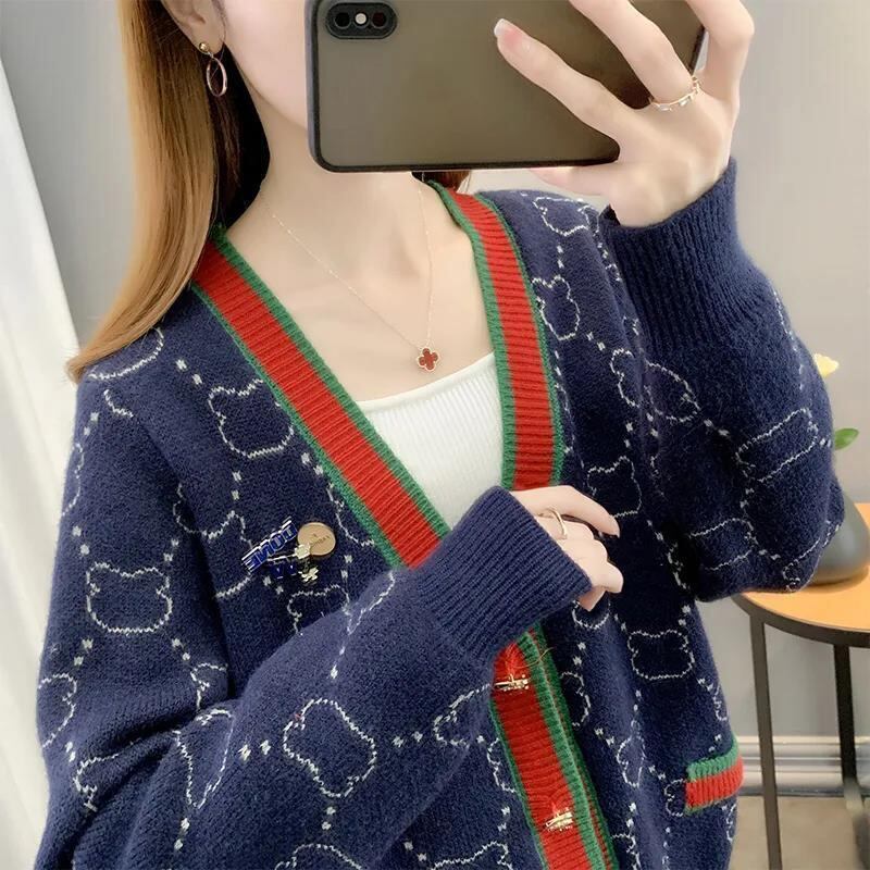 都市ファッショ デザイン オシャレ 上質 切り替え 4色選択 ニットトップスE-9666