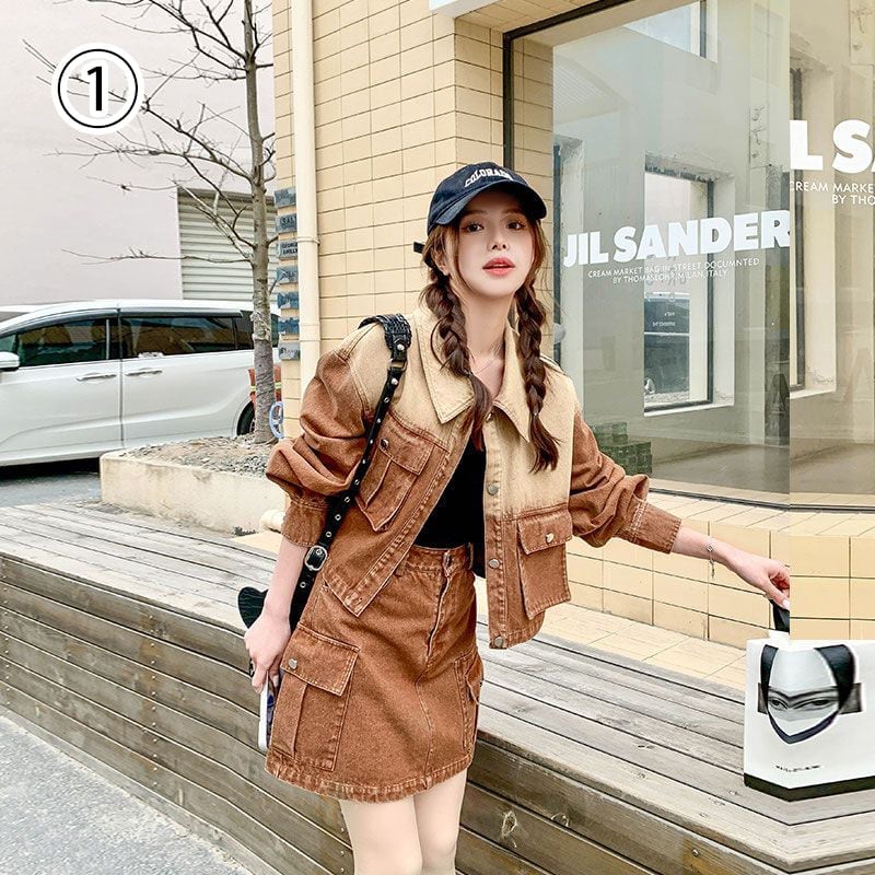 絶対欲しい グラデーション デザイン性抜群 デニム トップスⅹミニスカートセットアップE-9159