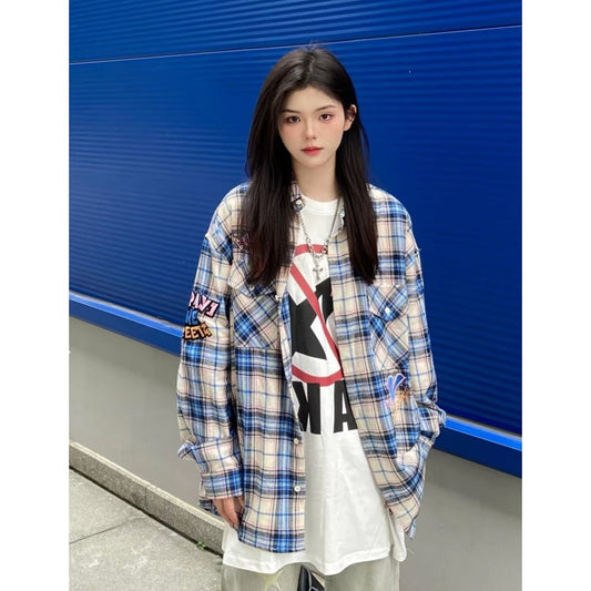 存在感抜群 カジュアル トレンドアイテム チェック柄 刺繍 全2色 シャツ E-9163