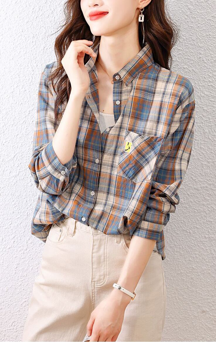 超人気 オシャレ 都市ファッショ デザイン チェック柄 切り替え Tシャツ E-9514