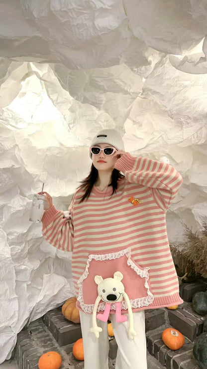 スタイルアップ効果抜群 ストライプ柄 個性的なデザイン 2色選択ニットトップスE-10585