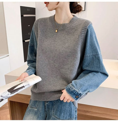 好感度UP レイヤード風 スタイルアップ デニム 切り替え 3色選択 ニットトップスE-9594