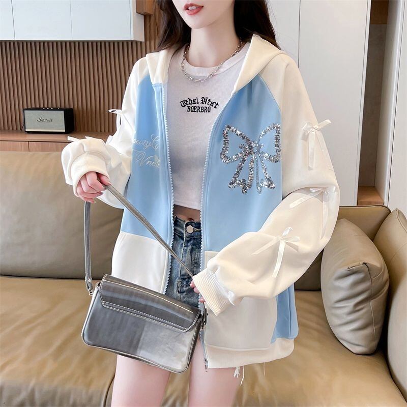 絶対流行 スウィート スタイルアップ スパンコール切り替え 2色選択 パーカー トレーナー レディース フード付き カーディガン E-9420